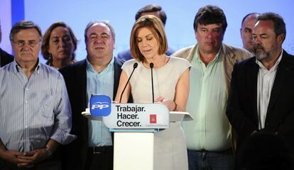 La presidenta de Castilla-La Mancha y candidata a la reelección, María Dolores de Cospedal, comparece en Toledo para valorar el resultado de las elecciones autonómicas en Castilla-La Mancha el 24 de mayo de 2015.
