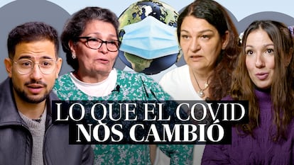 De izquierda a derecha, David Almendros, Gloria Gómez, Merche Sánchez y Aida Harbi, protagonistas del reportaje en vídeo por el aniversario de la pandemia del coronavirus.
