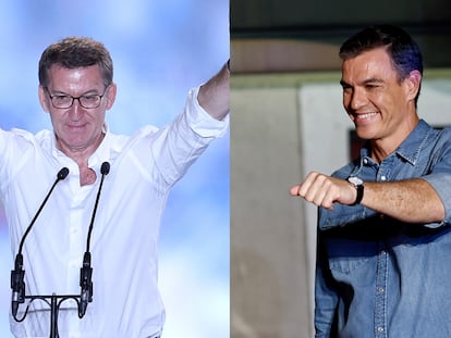 Feijóo y Sánchez, anoche, en la celebración de los resultados electorales.