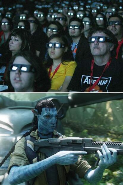 Espectadores en una película 3D. Abajo, fotograma de <i>Avatar </i>.