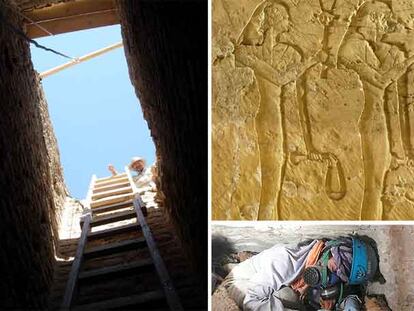 A la izquierda, pozo funerario en el exterior de la tumba Hery. Arriba, a la derecha, relieve de bailarines en la tumba de Djehuty. Abajo, la arqueóloga Selima Ikram en la cámara de las momias de pájaros de la tumba de Hery.