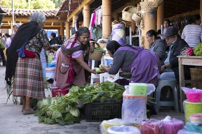 Abigail compra en un puesto de verduras del mercado.