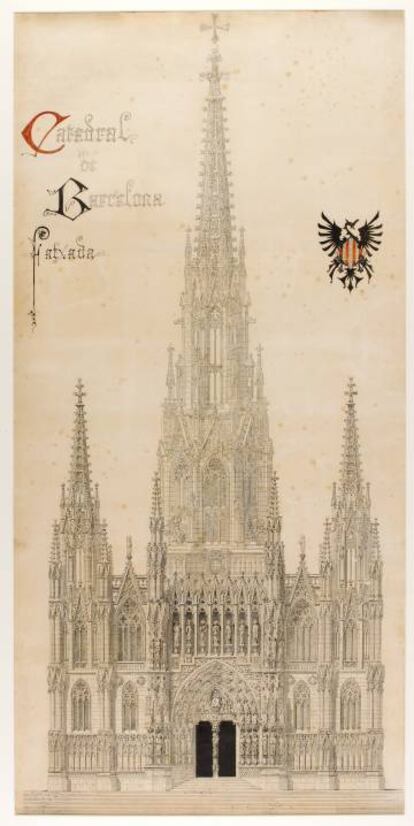 Proyecto de Joan Martorell (con letras de Gaudí) para la fachada de la catedral de Barcelona que no acabó imponiéndose en el concurso para la nueva fachada.