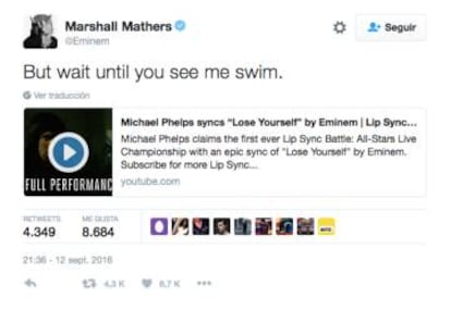 Eminem retuiteó la actuación de Phelps y le retó con un: "Espera a verme nadar".