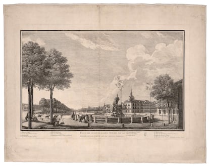 Etching of Paseo del Prado from Cibeles fountain, by Isidro González Velázquez (1788).