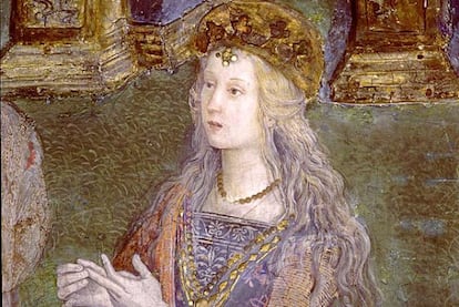 Supuesto retrato de Lucrecia Borgia en la disputa de Santa Catalina de Bernardino di Betto Bardo il Pinturicchio, Sala de los Santos de los Apartamentos Borgia del Vaticano 