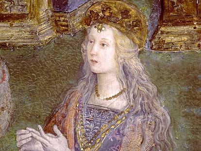 Supuesto retrato de Lucrecia Borgia en la disputa de Santa Catalina de Bernardino di Betto Bardo il Pinturicchio, Sala de los Santos de los Apartamentos Borgia del Vaticano 