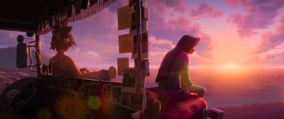 Raissa y Jo, en el autobús que les sirve de refugio en 'La isla olvidada' (Dreamworks, 2026), dirigida por Joel Crawford y Januel Mercado.