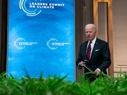 O presidente Joe Biden durante a abertura da cúpula virtual de líderes que convocou para os dias 22 e 23 de abril.