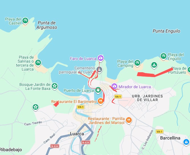 Luarca, la localidad de toda España donde el eclipse total durará más, prepara un dispositivo para acoger a casi 17.000 personas distribuidas por ocho puntos de observación (señalados en rojo en el mapa).
