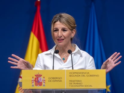 La vicepresidenta segunda y ministra de Trabajo y Economía Social, Yolanda Díaz, durante una comparecencia en Madrid.