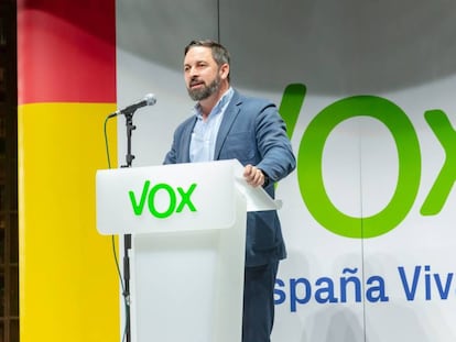 El presidente de Vox, Santiago Abascal, en la Asamblea General del partido.