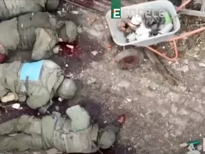 A still from a video that allegedly shows executed Russian troops on the front lines in Luhansk.