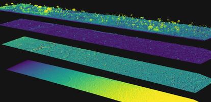 Datos LiDAR de salidas para investigar terraplenes bajo el dosel del bosque. De arriba abajo, el primero es el conjunto de puntos LiDAR coloreado por su altura. Seguido por la pendiente del terreno, el sombreado de las colinas y la elevación de un conjunto de terraplenes, todo obtenido después de la eliminación digital de los elementos superficiales (bosque).