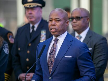 New York City Mayor Eric Adams speaks in Times Square in the Manhattan borough of New York during a news conference, Dec. 30, 2022.