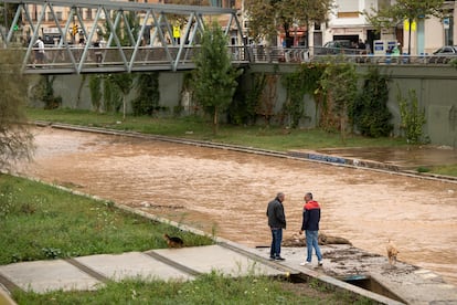 Varias personas observan el río Guadalmedina a su paso por Málaga capital, cubierto de agua por las fuertes lluvias, este martes.