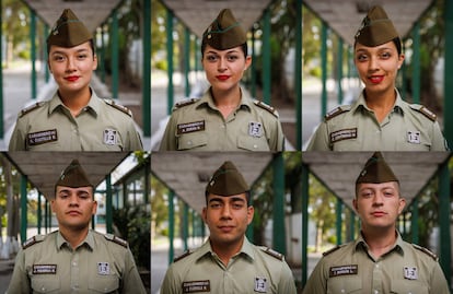 Karla Castillo, Aracely Durán, Camila Contreras, Julio Andrés Figueroa, Julio Caerols e Ignacio Burgos, alumnos de la Escuela de Formación de Carabineros en Santiago (Chile).