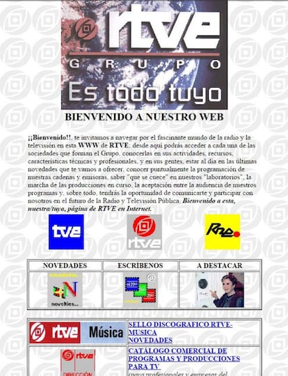 En 1997, la página de RTVE ofrecía una descripción de sus servicios y su corporación, más que contenidos audiovisuales o de información. También enlazaba un listado de los programas con página propia, entre los que se encontraban <i>Quién sabe dónde</i>, <i>Al filo de lo imposible</i> o <i>La aventura del saber</i>. A lo largo de estos casi 20 años, el diseño de la página de RTVE ha vivido dos momentos clave: uno en 2008, cuando empezó a incluir más elementos multimedia, y otro este mismo año, con una web 'responsive', más orientada al consumo de información a través del móvil y tabletas.