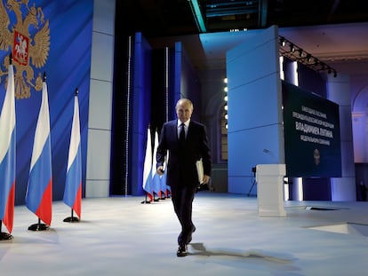 El presidente ruso, Vladímir Putin, tras su discurso sobre el estado de la nación ante la Asamblea Federal, este miércoles en Moscú.