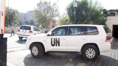 El convoy de inspectores de la ONU, el s&aacute;bado en Damasco.