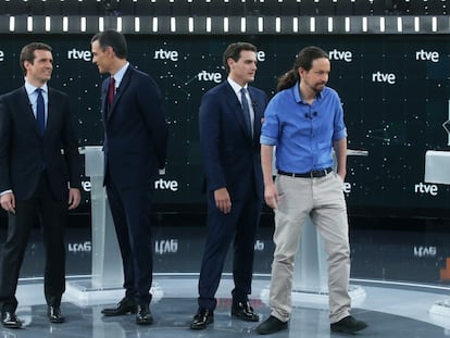 Debate electoral celebrado en TVE en abril de 2019 entre Pedro Sánchez, Pablo Casado, Albert Rivera y Pablo Iglesias.