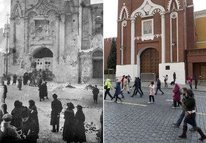 En este combo se ve la torre Nkolskaya dek Kremlin de Moscú. A la izquierda, gente paseando frente a la torre en noviembre de 1917 tras ser dañada por impactos de artillería durante la revolución. A la derecha, turistas chinos se hacen selfies mientras gente pasea frente a la torre Nikolskaya en la Plaza Roja de Moscú el 25 de octubre de 2017.