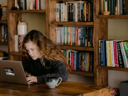 Una estudiante sigue sus clases por Internet.