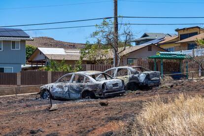 Vehículos calcinados por el incendio en Lahaina fotografiados el 18 de agosto. 
