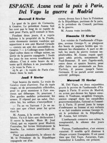 Diario de Chaves Nogales sobre la actividad de Manuel Azaña, en París.