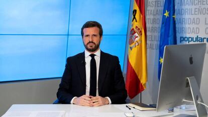 Pablo Casado durante una rueda de prensa telemática.