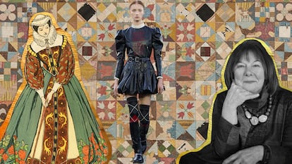 Sobre un fondo de 'patchwork', imagen de María Estuardo, desfile de la colección crucero 2025 de Dior y retrato de Clare Hunter, aunotra de 'Hilos de vida'.