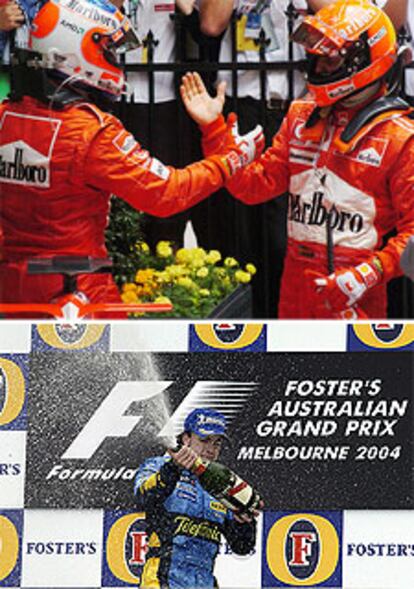 Michael Schumacher y Rubens Barrichello se felicitan y Fernando Alonso celebra su éxito.
