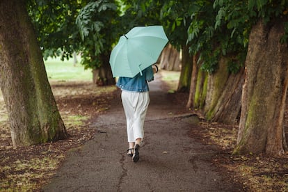 Una mujer paseando por el parque antes de una tormenta.