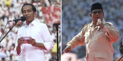 En la izquierda el actual presidente y candidato, Joko Widodo. A la derecha el candidato más radical, el exgeneral Prabowo Subianto.