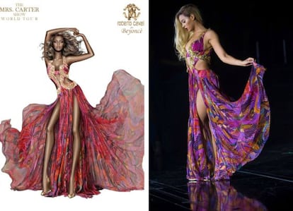 La publicidad de Cavalli y la cantante con el traje en la vida real.