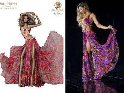 La publicidad de Cavalli y la cantante con el traje en la vida real.