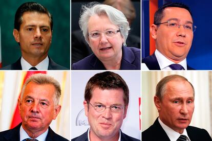 De izquierda a derecha y de arriba abajo: Enrique Peña Nieto (Presidente de México), Annette Schavan (Exministra de Educación de Alemania), Victor Ponta (Ex primer ministro rumano), Pál Schmitt (Ex presidente húngaro), Karl Theodor zu Guttenberg (Exsecretario de Defensa alemán), Vladimir Putin (Presidente ruso)