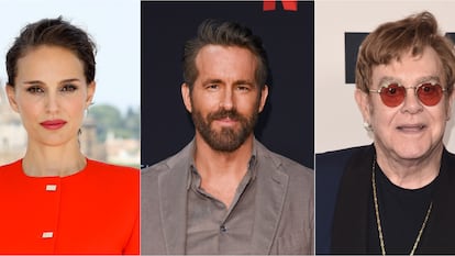 De izquierda a derecha, Natalie Portman, Ryan Reynolds y Elton John, todos ellos dueños de equipos deportivos.