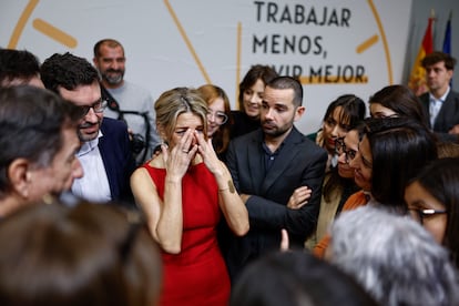 Yolanda Díaz, tras la firma este viernes con los secretarios generales de CCOO y UGT.