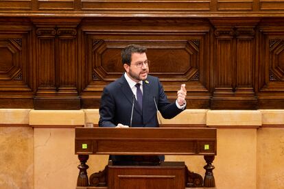 El presidente de la Generalitat, Pere Aragonès, durante su intervención este martes.