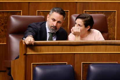  El líder de Vox, Santiago Abascal, conversa con la diputada por Almería, Rocío de Meer, en 2024.