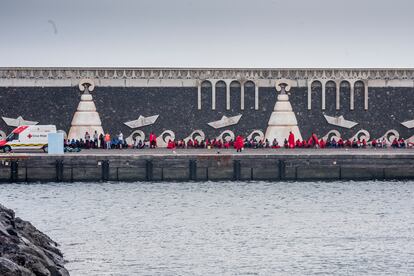 Migrants being processed after arriving by boat at the La Restinga port in El Hierro; October 4, 2023.