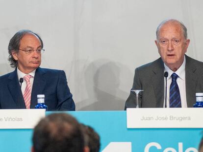 Pere Viñolas, consejero delegado de Colonial (izquierda) y Juan José Brugera, presidente, en la junta de accionistas de 2018 en Madrid. 