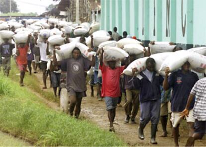 Miles de personas toman el puerto de Monrovia en busca de enseres para sobrevivir.