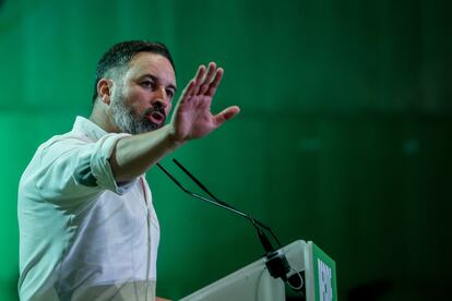 El presidente de Vox, Santiago Abascal, durante el acto de clausura de la Asamblea General del partido en IFEMA (Madrid) el 24 de junio de 2023.