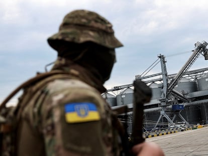 Un militar ucranio frente a los silos de cereales del puerto de Odesa, en el mar Negro, el pasado 29 de julio.