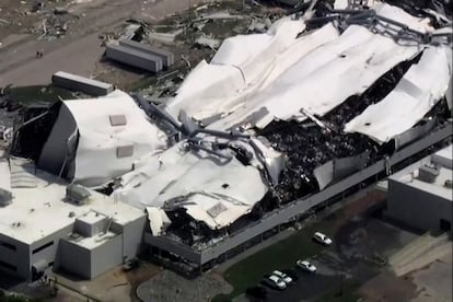 The roof of a Pfizer facility shows heavy damage after a tornado passed the area in Rocky Mount, North Carolina, U.S. July 19, 2023.