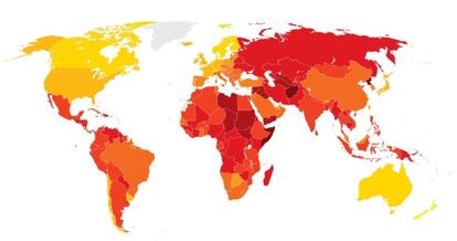 Mapa de la percepción de la corrupción por países.