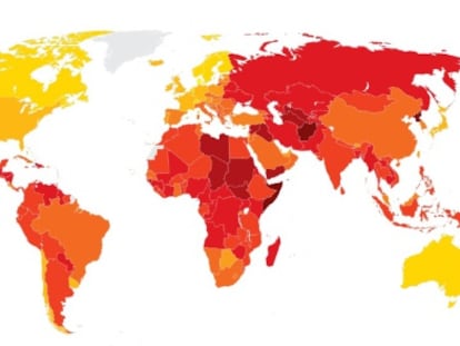 Mapa de la percepción de la corrupción por países.