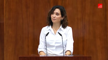 Isabel Díaz Ayuso, durante su intervención este viernes en la Asamblea de Madrid.